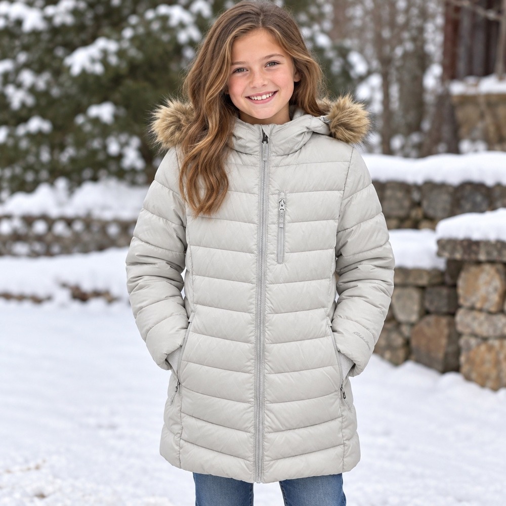 Eddie Bauer Sun Valley Down Parka 650 fill Kids M 10/12 Gray Faux Fur Hood NWOT